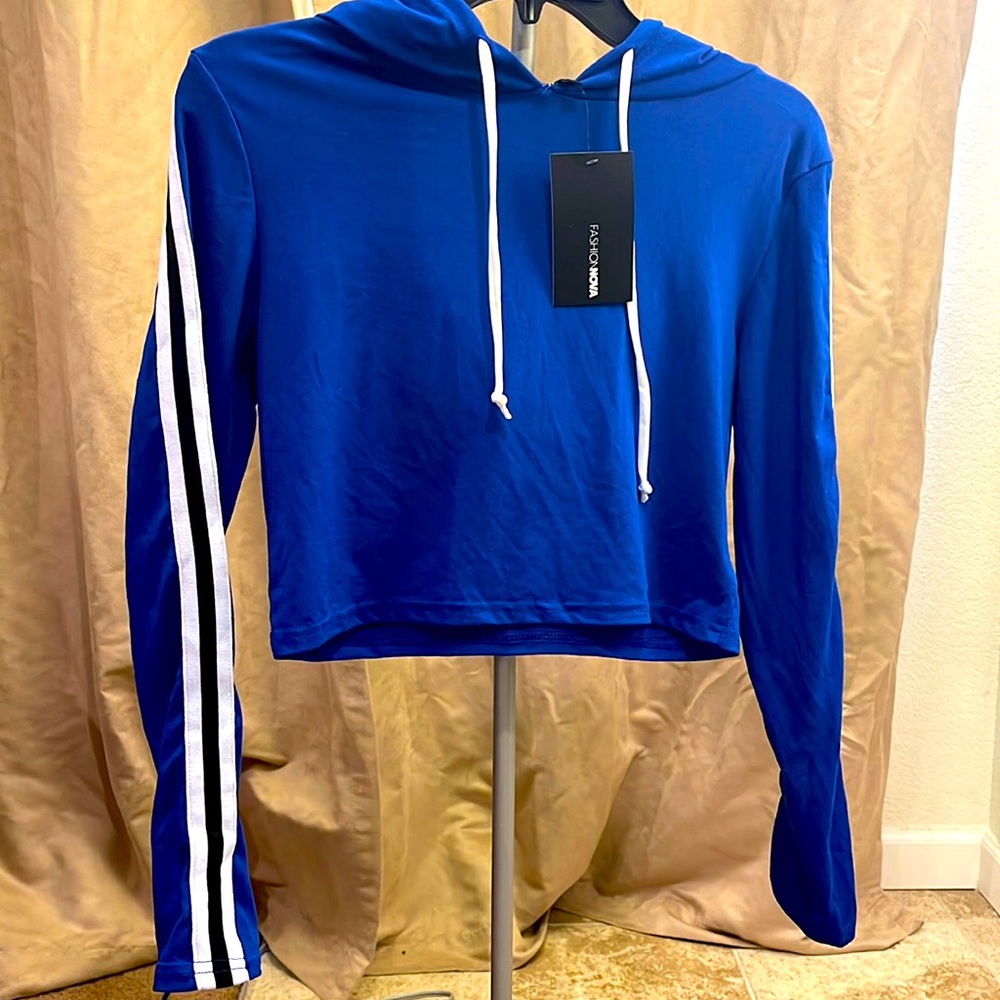 NEW Navy blue crop hoodie with black and white stripes down the arms